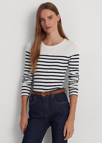 Tricouri cu mânecă lungă din bumbac în dungi Ralph Lauren alb/marin Tricouri cu mânecă lungă din bumbac în dungi Ralph Lauren alb/marin