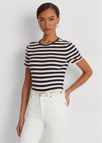Tricouri din bumbac elastic cu dungi Ralph Lauren pentru femei bleumarin Tricouri din bumbac elastic cu dungi Ralph Lauren pentru femei bleumarin