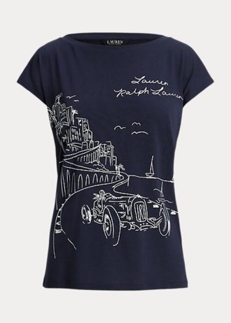 Tricouri din jerseu cu grafic Ralph Lauren pentru femei bleumarin Tricouri din jerseu cu grafic Ralph Lauren pentru femei bleumarin