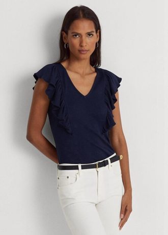 Tricouri din tricot în coaste, Ralph Lauren, pentru femei, din bleumarin Tricouri din tricot în coaste, Ralph Lauren, pentru femei, din bleumarin