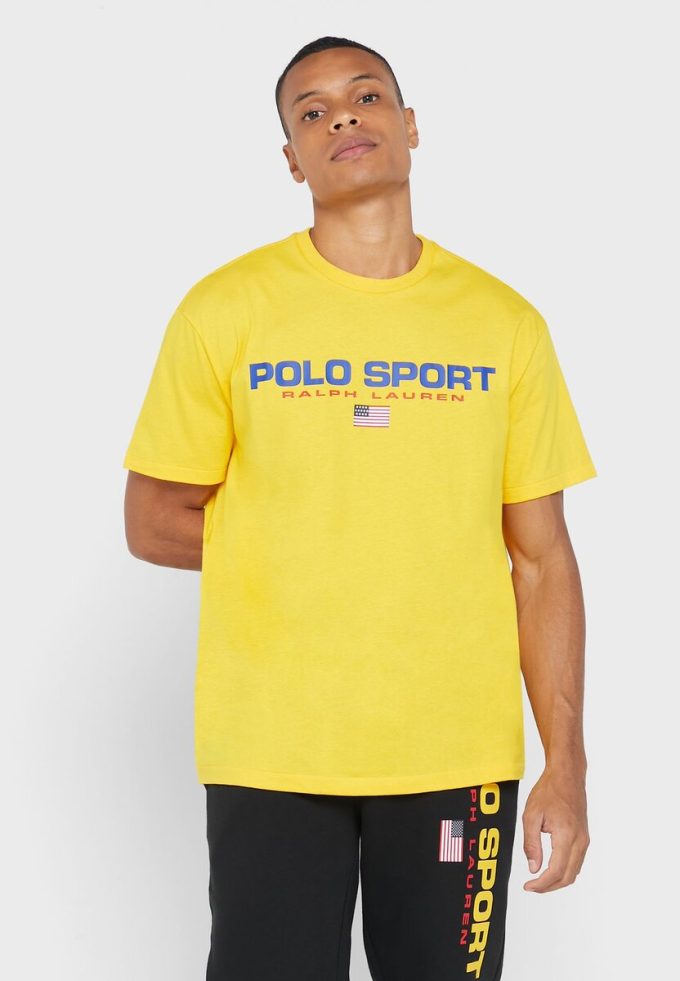 Tricouri galbene pentru bărbați cu logo-ul Ralph Lauren, cu gâtul rotund