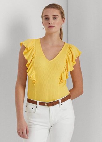 Tricouri galbene pentru femei Ralph Lauren, cu tricotaje cu volane Tricouri galbene pentru femei Ralph Lauren, cu tricotaje cu volane
