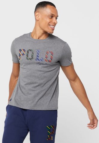 Tricouri gri pentru bărbați cu logo Ralph Lauren, cu decolteu rotund Tricouri gri pentru bărbați cu logo Ralph Lauren, cu decolteu rotund