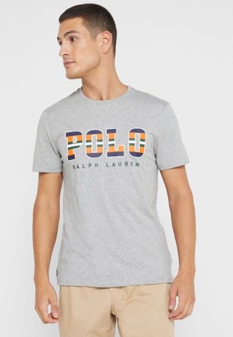 Tricouri gri pentru bărbați cu logo Ralph Lauren, cu decolteu rotund Tricouri gri pentru bărbați cu logo Ralph Lauren, cu decolteu rotund