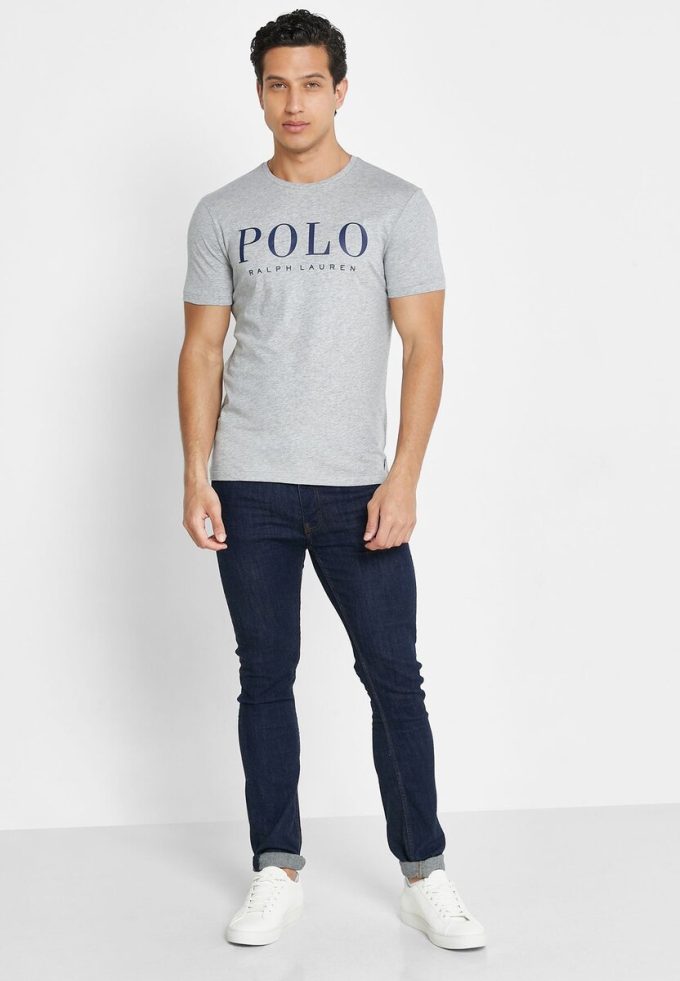 Tricouri gri pentru bărbați cu logo Ralph Lauren, cu decolteu rotund Tricouri gri pentru bărbați cu logo Ralph Lauren, cu decolteu rotund