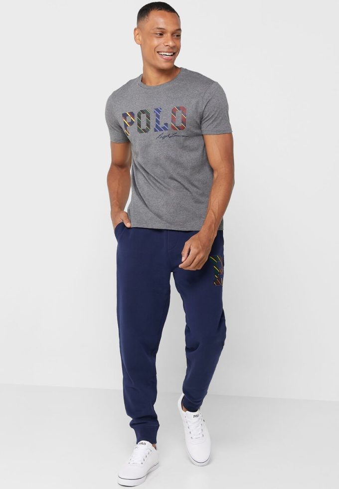Tricouri gri pentru bărbați cu logo Ralph Lauren, cu decolteu rotund