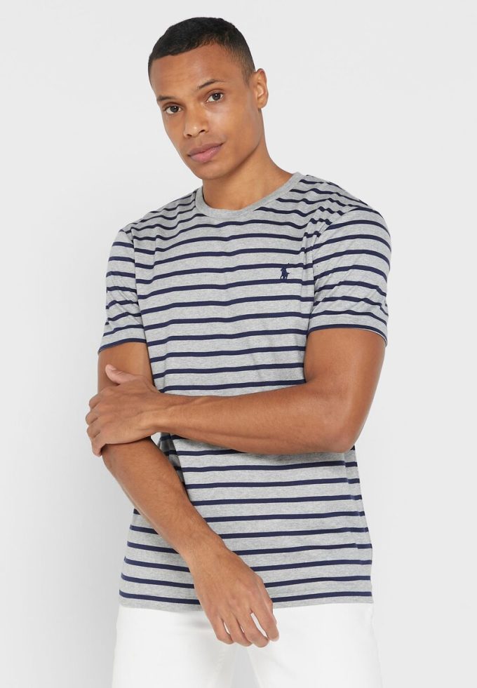 Tricouri gri pentru bărbați Ralph Lauren cu dungi cu gât crew