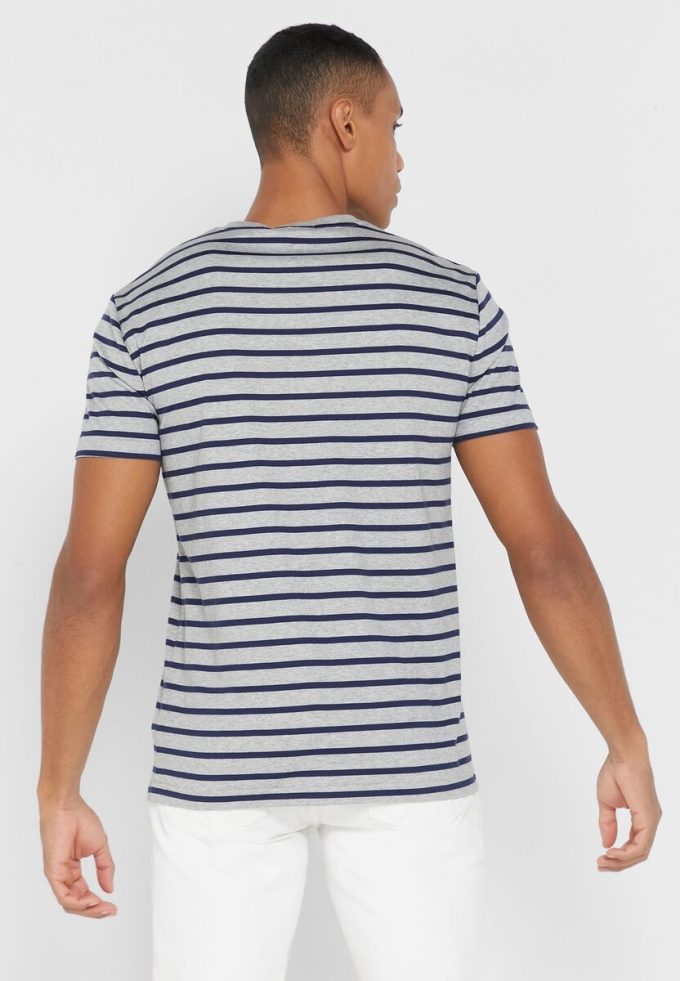 Tricouri gri pentru bărbați Ralph Lauren cu dungi cu gât crew