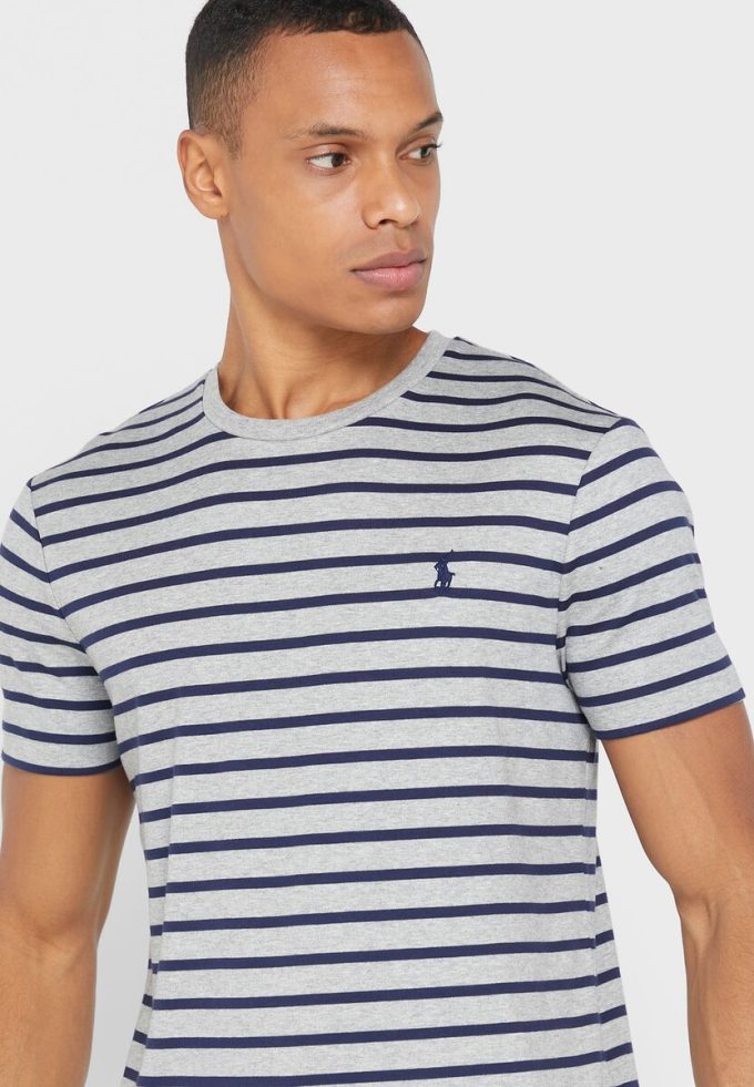 Tricouri gri pentru bărbați Ralph Lauren cu dungi cu gât crew
