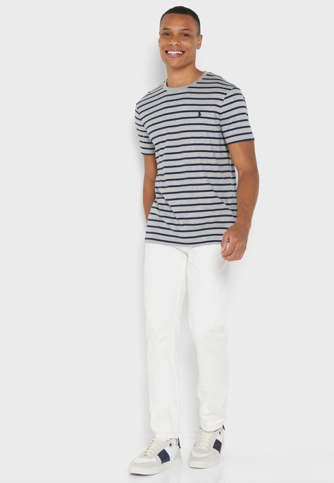 Tricouri gri pentru bărbați Ralph Lauren cu dungi cu gât crew