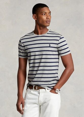 Tricouri gri pentru bărbați Ralph Lauren, personalizate, subțiri, cu dungi moale, din bumbac Tricouri gri pentru bărbați Ralph Lauren, personalizate, subțiri, cu dungi moale, din bumbac
