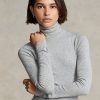 Tricouri gri pentru femei Ralph Lauren, cu guler rotit cu coaste