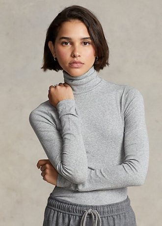 Tricouri gri pentru femei Ralph Lauren, cu guler rotit cu coaste Tricouri gri pentru femei Ralph Lauren, cu guler rotit cu coaste