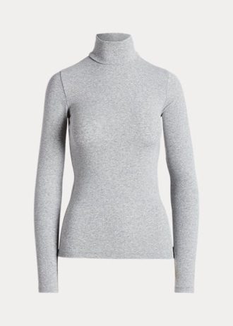 Tricouri gri pentru femei Ralph Lauren, cu guler rotit cu coaste Tricouri gri pentru femei Ralph Lauren, cu guler rotit cu coaste