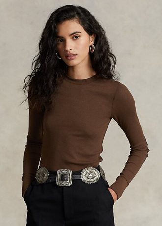Tricouri maro Ralph Lauren cu mânecă lungă, cu finisaje din piele intoarsa, pentru femei Tricouri maro Ralph Lauren cu mânecă lungă, cu finisaje din piele intoarsa, pentru femei