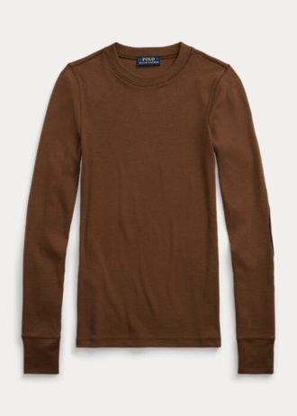 Tricouri maro Ralph Lauren cu mânecă lungă, cu finisaje din piele intoarsa, pentru femei Tricouri maro Ralph Lauren cu mânecă lungă, cu finisaje din piele intoarsa, pentru femei