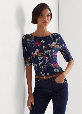 Tricouri multicolore pentru femei Ralph Lauren, din bumbac elastic, cu gât cu barca Tricouri multicolore pentru femei Ralph Lauren, din bumbac elastic, cu gât cu barca