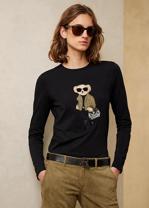 Tricouri negre cu mânecă lungă din bumbac Ralph Lauren Utility Bear pentru femei Tricouri negre cu mânecă lungă din bumbac Ralph Lauren Utility Bear pentru femei