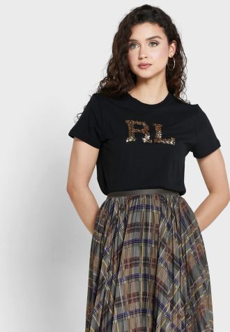 Tricouri negre Ralph Lauren cu logo-ul cu gât rotund pentru femei Tricouri negre Ralph Lauren cu logo-ul cu gât rotund pentru femei