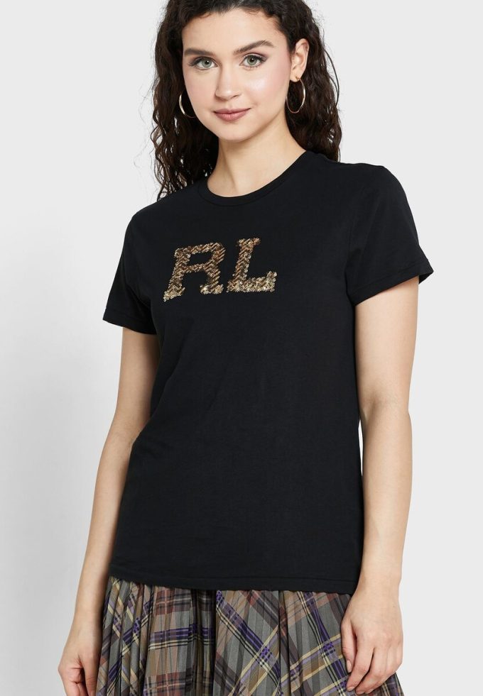 Tricouri negre Ralph Lauren cu logo-ul cu gât rotund pentru femei Tricouri negre Ralph Lauren cu logo-ul cu gât rotund pentru femei