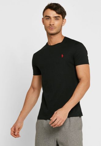 Tricouri negre Ralph Lauren pentru bărbați, cu logo brodat cu gât crew Tricouri negre Ralph Lauren pentru bărbați, cu logo brodat cu gât crew