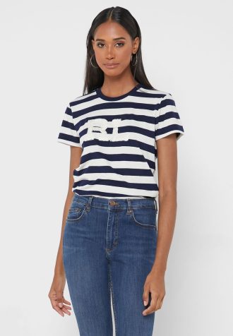 Tricouri pentru femei Ralph Lauren, cu dungi cu gât crew, bleumarin Tricouri pentru femei Ralph Lauren, cu dungi cu gât crew, bleumarin