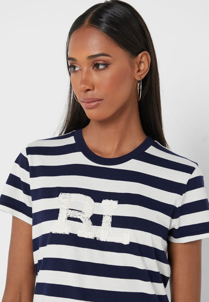 Tricouri pentru femei Ralph Lauren, cu dungi cu gât crew, bleumarin Tricouri pentru femei Ralph Lauren, cu dungi cu gât crew, bleumarin