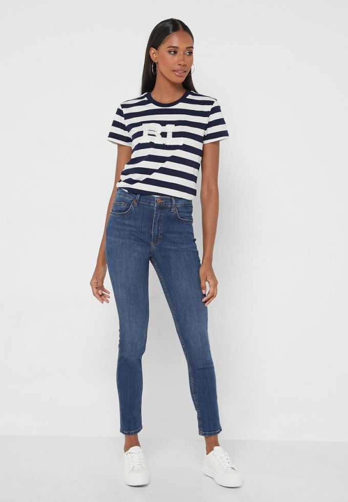 Tricouri pentru femei Ralph Lauren, cu dungi cu gât crew, bleumarin Tricouri pentru femei Ralph Lauren, cu dungi cu gât crew, bleumarin