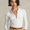 Tricouri polo de damă albe Ralph Lauren, cu coaste, cu nasturi în față Tricouri polo de damă albe Ralph Lauren, cu coaste, cu nasturi în față
