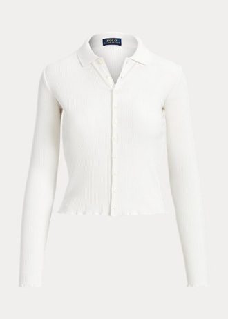 Tricouri polo de damă albe Ralph Lauren, cu coaste, cu nasturi în față Tricouri polo de damă albe Ralph Lauren, cu coaste, cu nasturi în față