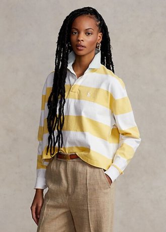 Tricouri polo de rugby din jerseu cu dungi Ralph Lauren galbene/albe pentru femei Tricouri polo de rugby din jerseu cu dungi Ralph Lauren galbene/albe pentru femei