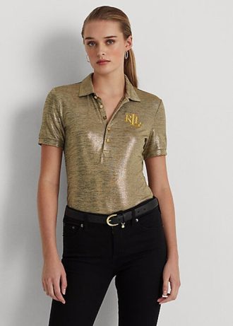 Tricouri polo din jerseu cu imprimeu folie Ralph Lauren pentru femei aurii Tricouri polo din jerseu cu imprimeu folie Ralph Lauren pentru femei aurii