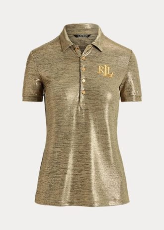 Tricouri polo din jerseu cu imprimeu folie Ralph Lauren pentru femei aurii Tricouri polo din jerseu cu imprimeu folie Ralph Lauren pentru femei aurii