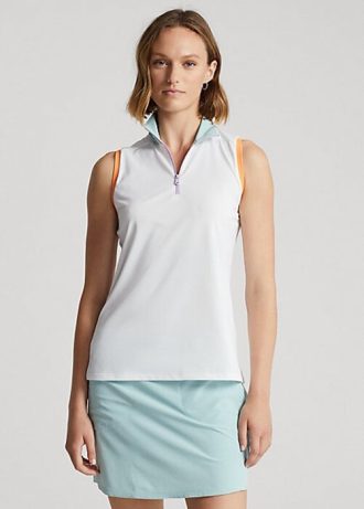 Tricouri polo fără mâneci Ralph Lauren, albe, cu fermoar sfert