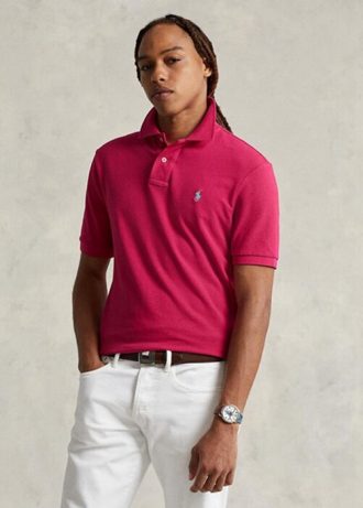 Tricouri polo personalizate pentru bărbați Ralph Lauren, cu ochiuri subțire, de culoare roz