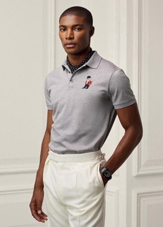 Tricouri polo Ralph Lauren, personalizate, slim Fit Bear, gri pentru bărbați Tricouri polo Ralph Lauren, personalizate, slim Fit Bear, gri pentru bărbați