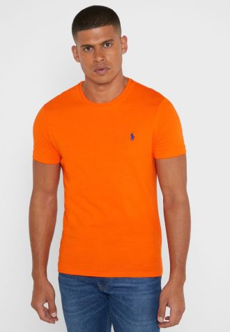 Tricouri portocalii pentru bărbați Ralph Lauren Essential cu gât crew