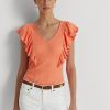 Tricouri portocalii pentru femei Ralph Lauren, din tricot cu volane Tricouri portocalii pentru femei Ralph Lauren, din tricot cu volane