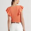 Tricouri portocalii pentru femei Ralph Lauren, din tricot cu volane Tricouri portocalii pentru femei Ralph Lauren, din tricot cu volane