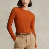 Tricouri portocalii Ralph Lauren cu mânecă lungă, cu finisaje din piele intoarsa, pentru femei