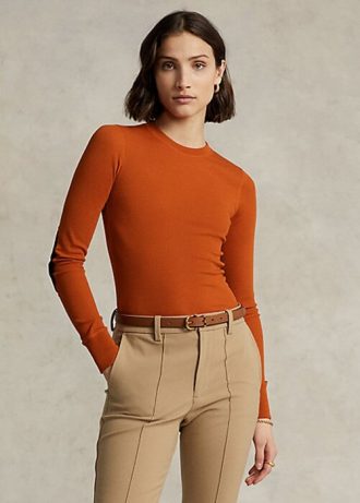 Tricouri portocalii Ralph Lauren cu mânecă lungă, cu finisaje din piele intoarsa, pentru femei Tricouri portocalii Ralph Lauren cu mânecă lungă, cu finisaje din piele intoarsa, pentru femei