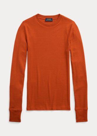 Tricouri portocalii Ralph Lauren cu mânecă lungă, cu finisaje din piele intoarsa, pentru femei Tricouri portocalii Ralph Lauren cu mânecă lungă, cu finisaje din piele intoarsa, pentru femei