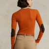 Tricouri portocalii Ralph Lauren cu mânecă lungă, cu finisaje din piele intoarsa, pentru femei
