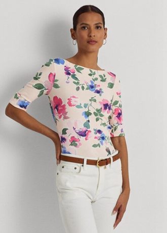 Tricouri roz pentru femei Ralph Lauren, din bumbac elastic elastic