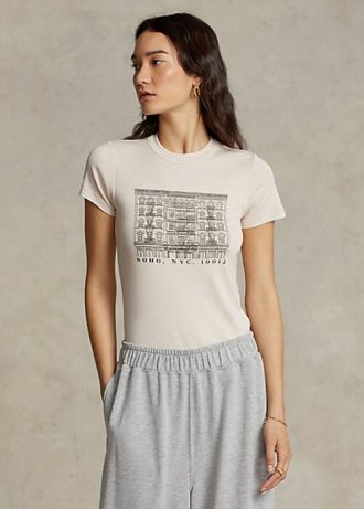 Tricouri roz pentru femei Ralph Lauren, subțiri, din bumbac cu nervuri