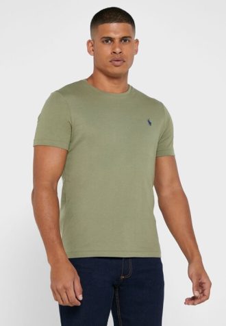 Tricouri verzi pentru bărbați Ralph Lauren cu logo-ul pieptului cu gât crew